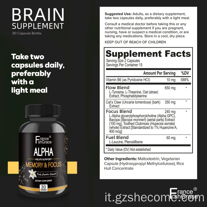 Shecome Alpha Capsule Brain Memory Focus Supporto cognitivo